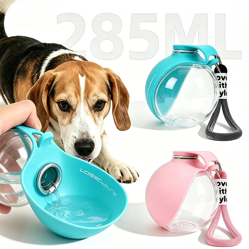 2-in-1 Portable Dog Water Bottle with Foldable Silicone Bowl – Leak-Resistant Travel Pet Bottle with Lanyard