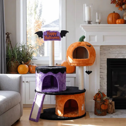 HOOMIC Halloween Cat Tree 43"/47" – 3-Level Gothic Cat Tower with 2 Condos, Sisal Scratchers, Ramp & Bat Toy