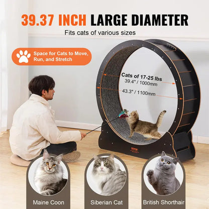 VEVOR 43.3" Wooden Cat Exercise Wheel – Quiet Indoor Cat Treadmill with Detachable Mat, Stable Base & 25 lb Capacity