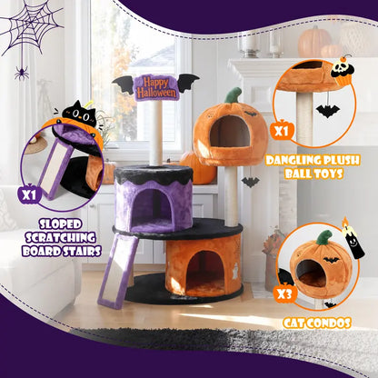 HOOMIC Halloween Cat Tree 43"/47" – 3-Level Gothic Cat Tower with 2 Condos, Sisal Scratchers, Ramp & Bat Toy