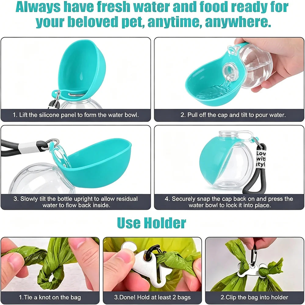 2-in-1 Portable Dog Water Bottle with Foldable Silicone Bowl – Leak-Resistant Travel Pet Bottle with Lanyard