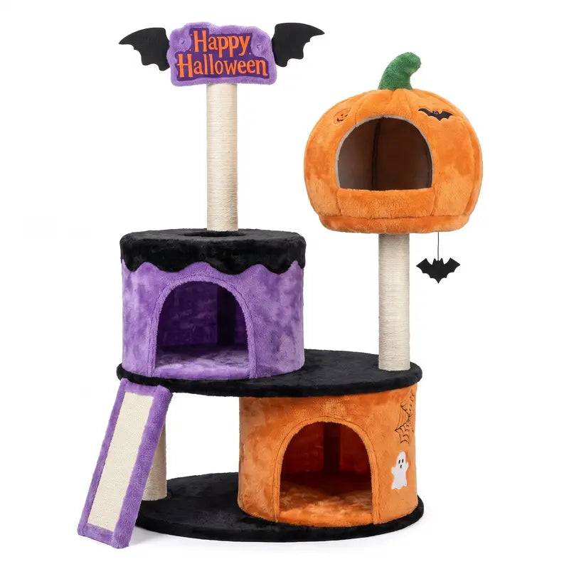 HOOMIC Halloween Cat Tree 43"/47" – 3-Level Gothic Cat Tower with 2 Condos, Sisal Scratchers, Ramp & Bat Toy