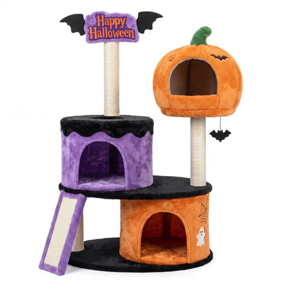 HOOMIC Halloween Cat Tree 43"/47" – 3-Level Gothic Cat Tower with 2 Condos, Sisal Scratchers, Ramp & Bat Toy