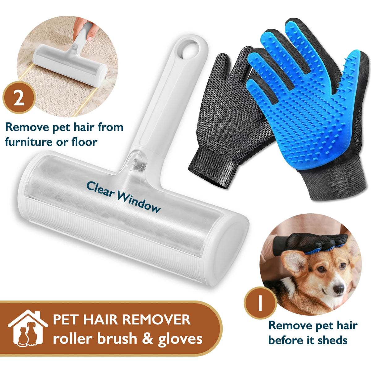 Pet Hair Remover Roller & Grooming Gloves Set – Reusable Dog & Cat Fur Remover for Sofas, Carpets, Beds & Furniture