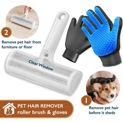 Pet Hair Remover Roller & Grooming Gloves Set – Reusable Dog & Cat Fur Remover for Sofas, Carpets, Beds & Furniture