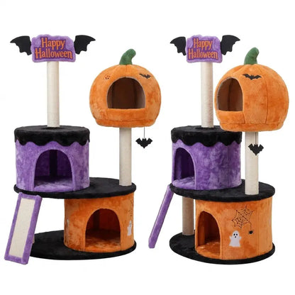 HOOMIC Halloween Cat Tree 43"/47" – 3-Level Gothic Cat Tower with 2 Condos, Sisal Scratchers, Ramp & Bat Toy