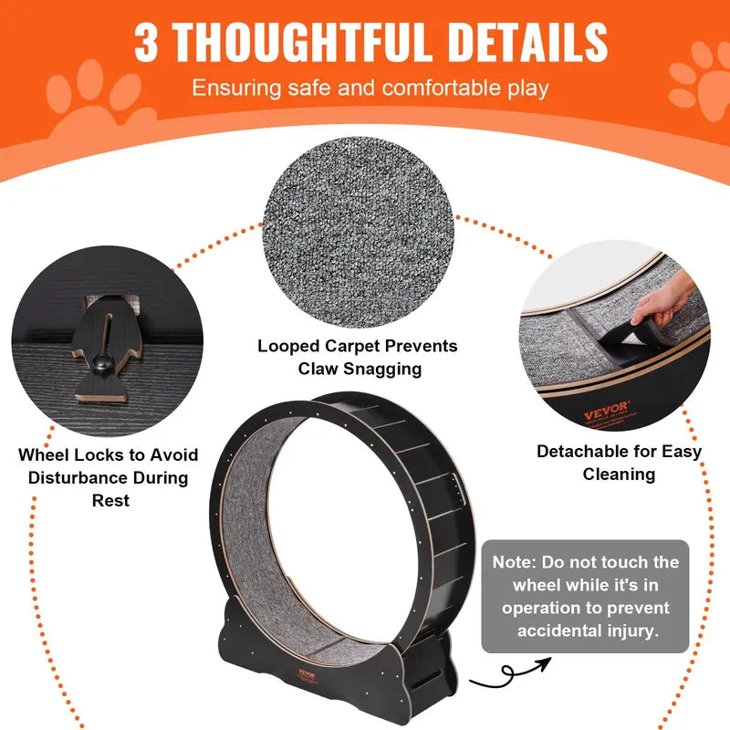 VEVOR 43.3" Wooden Cat Exercise Wheel – Quiet Indoor Cat Treadmill with Detachable Mat, Stable Base & 25 lb Capacity