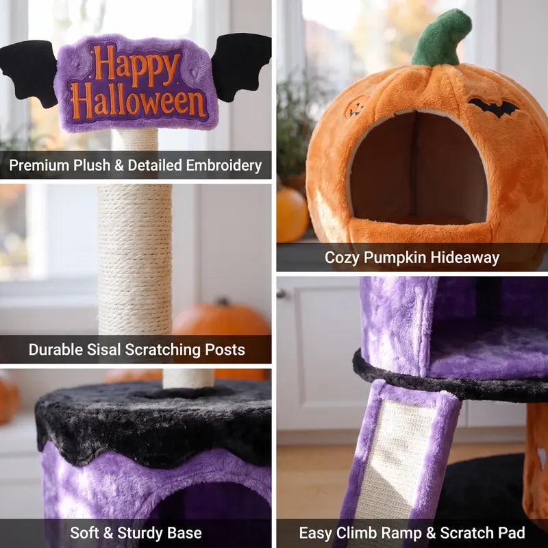 HOOMIC Halloween Cat Tree 43"/47" – 3-Level Gothic Cat Tower with 2 Condos, Sisal Scratchers, Ramp & Bat Toy