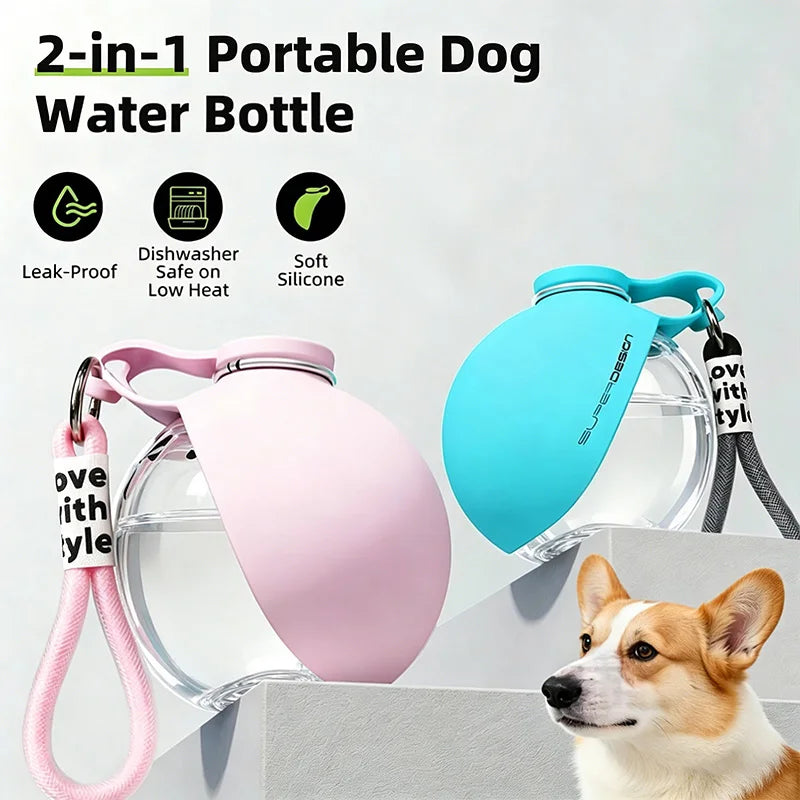 2-in-1 Portable Dog Water Bottle with Foldable Silicone Bowl – Leak-Resistant Travel Pet Bottle with Lanyard