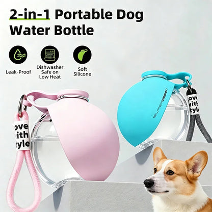 2-in-1 Portable Dog Water Bottle with Foldable Silicone Bowl – Leak-Resistant Travel Pet Bottle with Lanyard