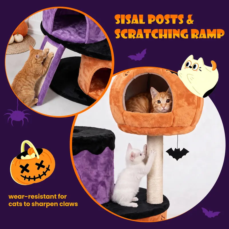 HOOMIC Halloween Cat Tree 43"/47" – 3-Level Gothic Cat Tower with 2 Condos, Sisal Scratchers, Ramp & Bat Toy