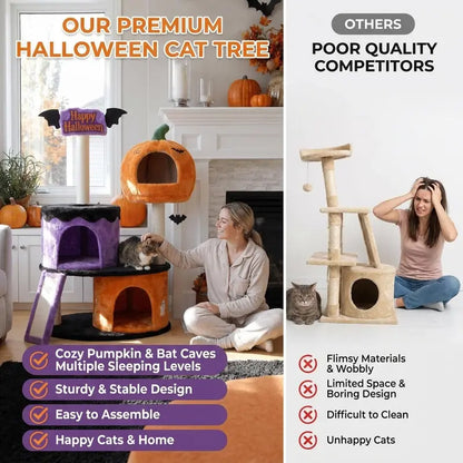 HOOMIC Halloween Cat Tree 43"/47" – 3-Level Gothic Cat Tower with 2 Condos, Sisal Scratchers, Ramp & Bat Toy