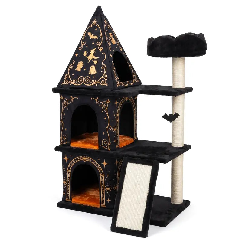 HOOMIC Halloween Cat Tree 43"/47" – 3-Level Gothic Cat Tower with 2 Condos, Sisal Scratchers, Ramp & Bat Toy
