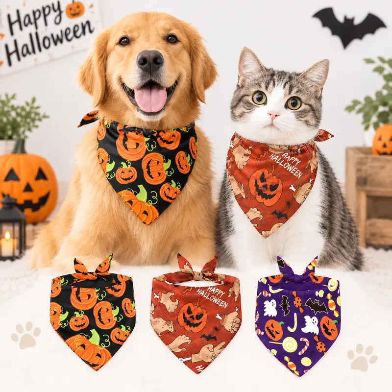 3-Pack Halloween & Christmas Pet Bandanas – Festive Tie-On Dog & Cat Scarves for Holiday Photos, Parties & Everyday Wear